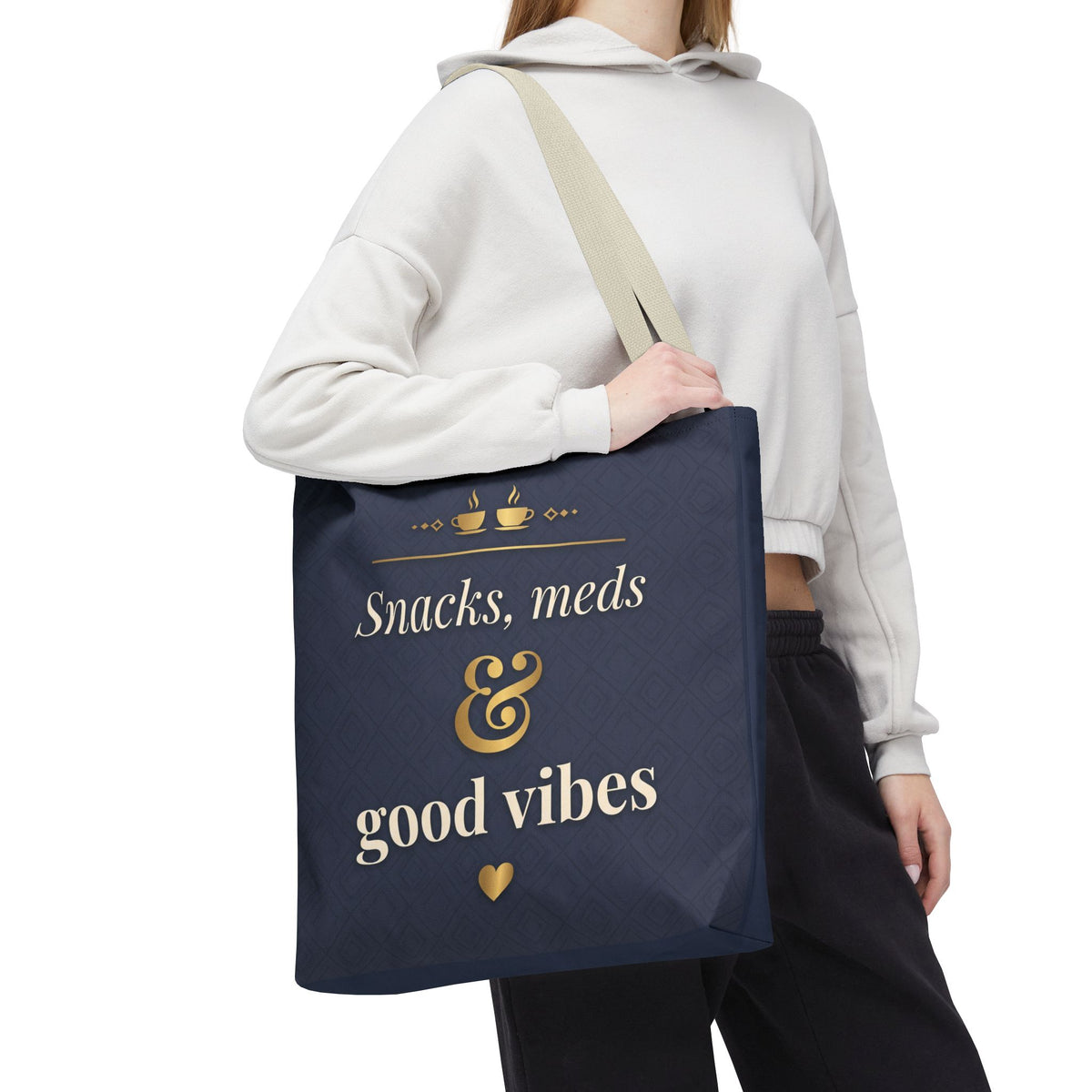 Snacks Meds & Good Vibes Tote | Funny Nurse Gift Tote Bag | Healthcare Worker Humour Gift | Premium Polyester Carry-All