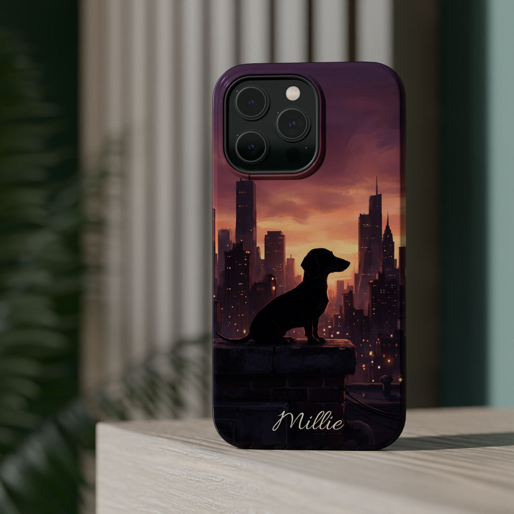 Personalized Dachshund City Skyline Phone Case — Wireless Charging Cover