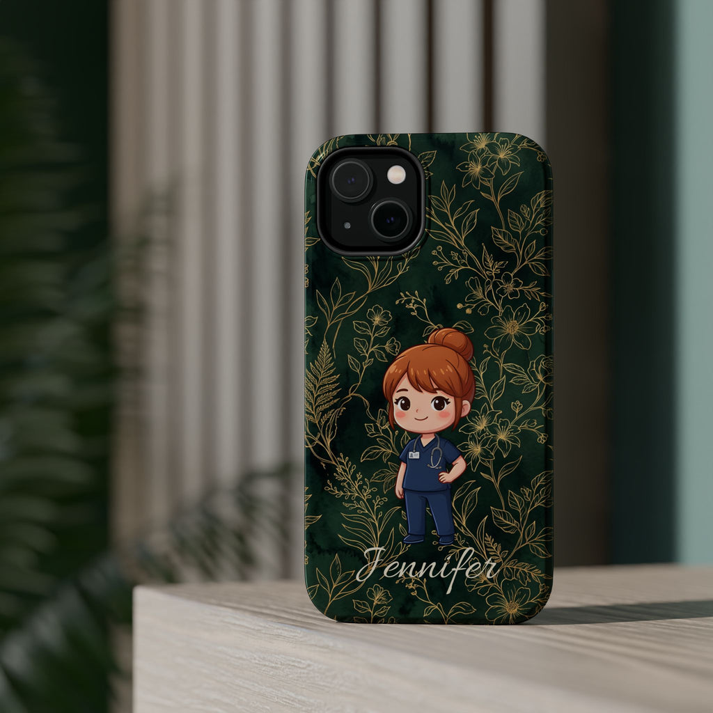 Personalized Nurse Botanical Phone Case — Impact-Resistant Wireless Charging Cover