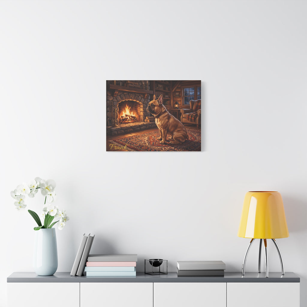 French Bulldog Personalized Canvas | Cozy Cabin Fireplace Wall Art