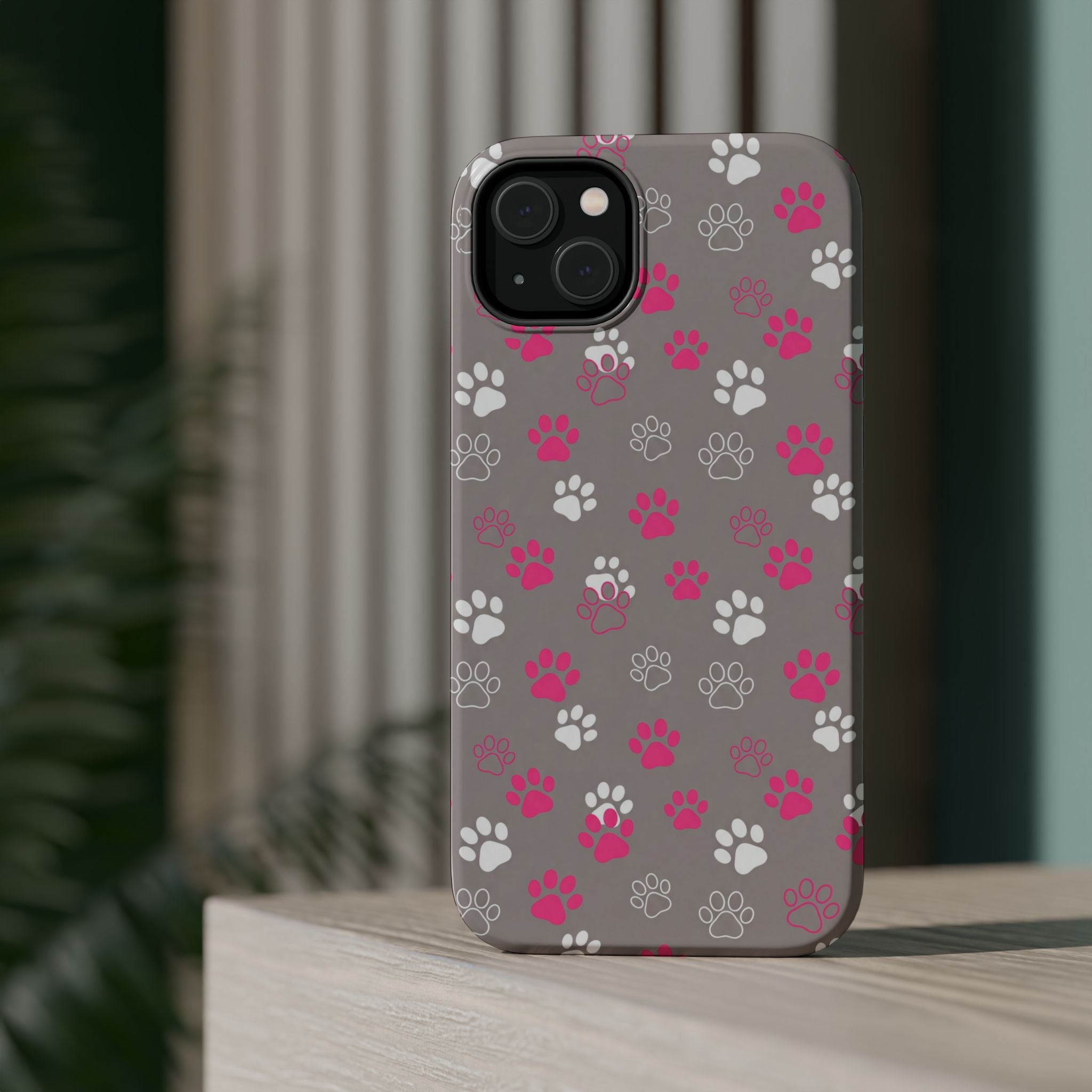 Pink & White Paw Print Phone Case — Impact-Resistant Wireless Charging Cover