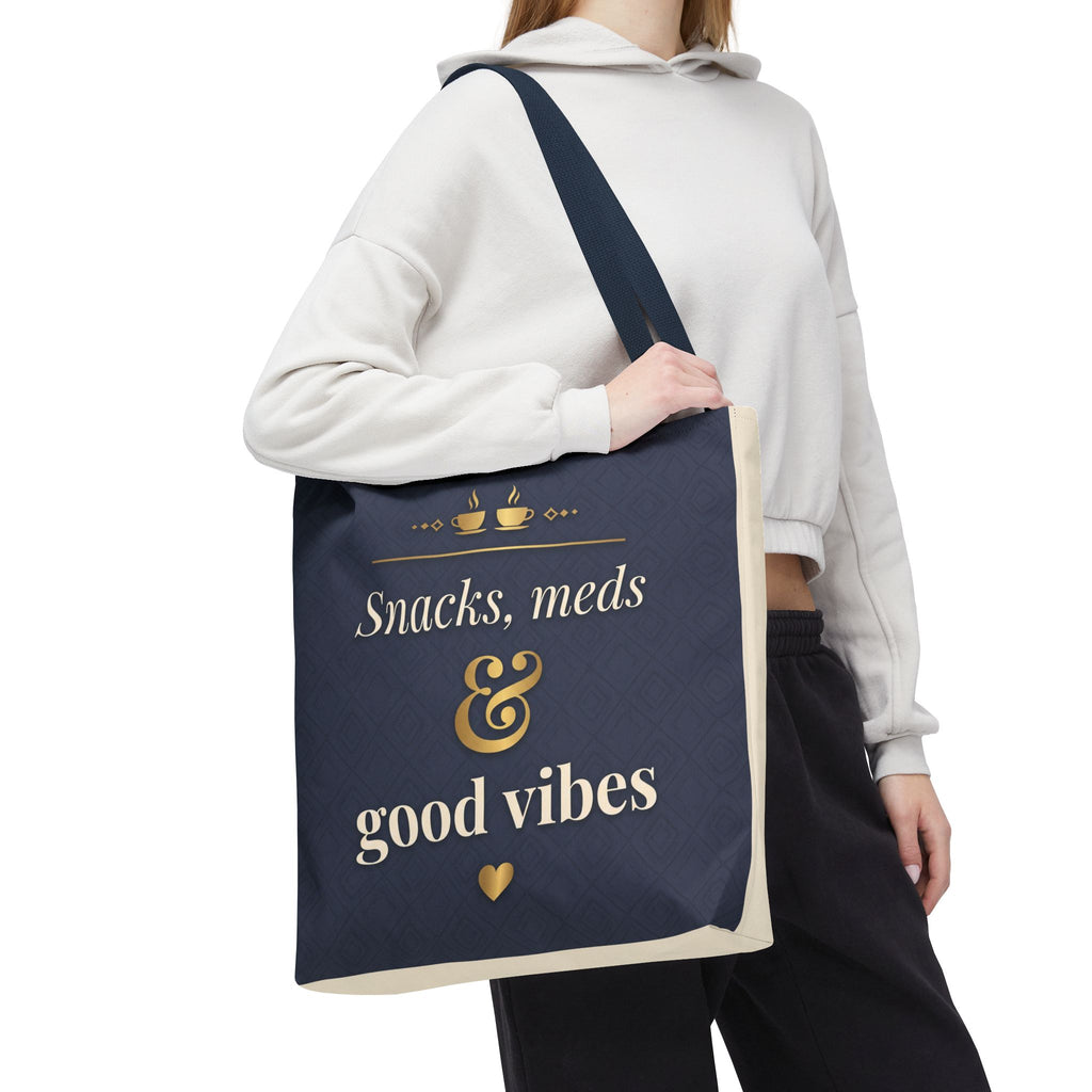 Snacks Meds & Good Vibes Tote | Funny Nurse Gift Tote Bag | Healthcare Worker Humour Gift | Premium Polyester Carry-All