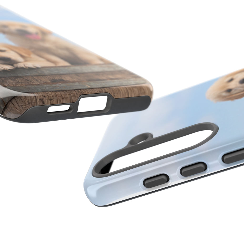 Golden Retriever Puppies on Barrel Phone Case | Cute Duo Under Blue Sky | iPhone & Samsung
