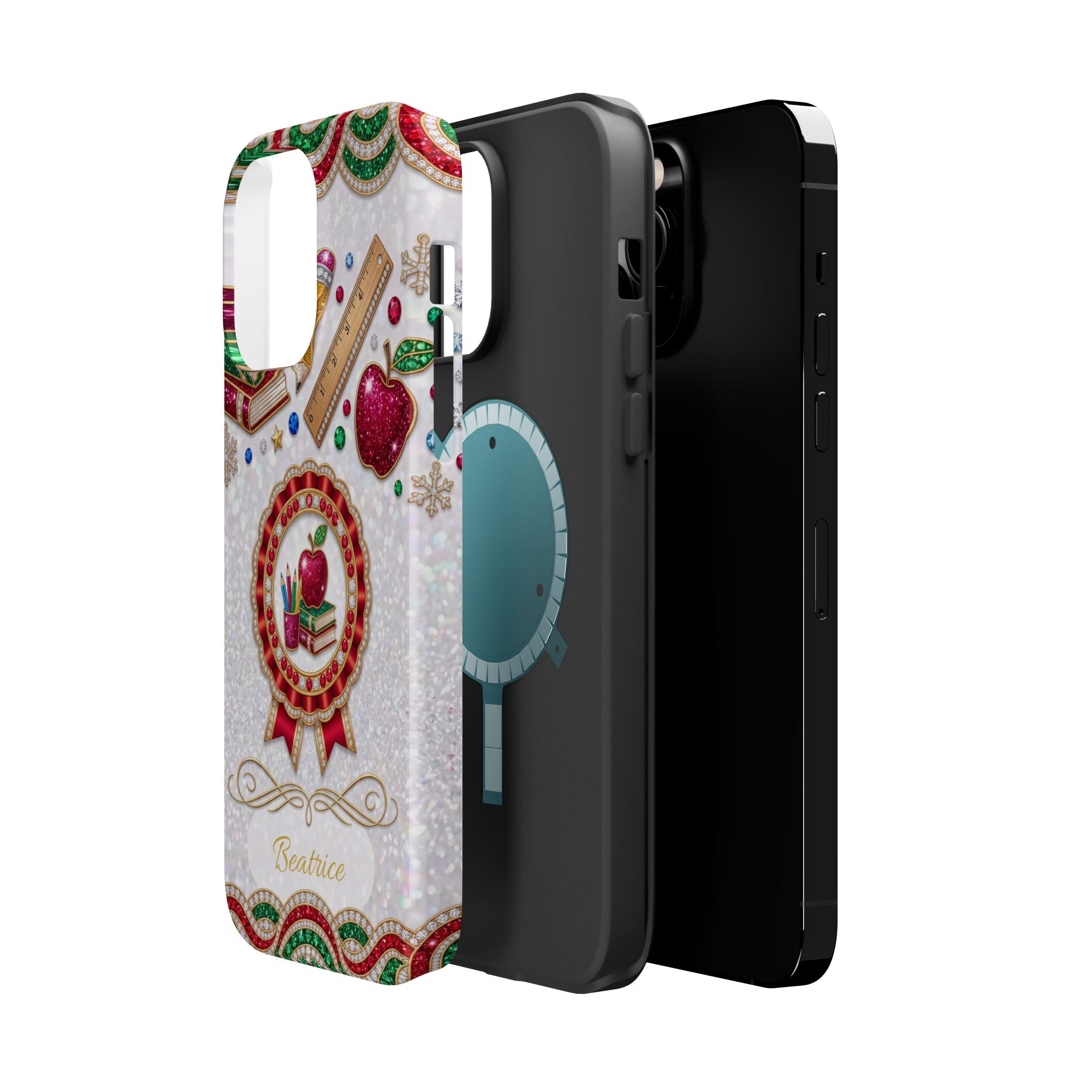 Jeweled Apple Medallion Personalized Teacher Phone Case — Wireless Charging Cover