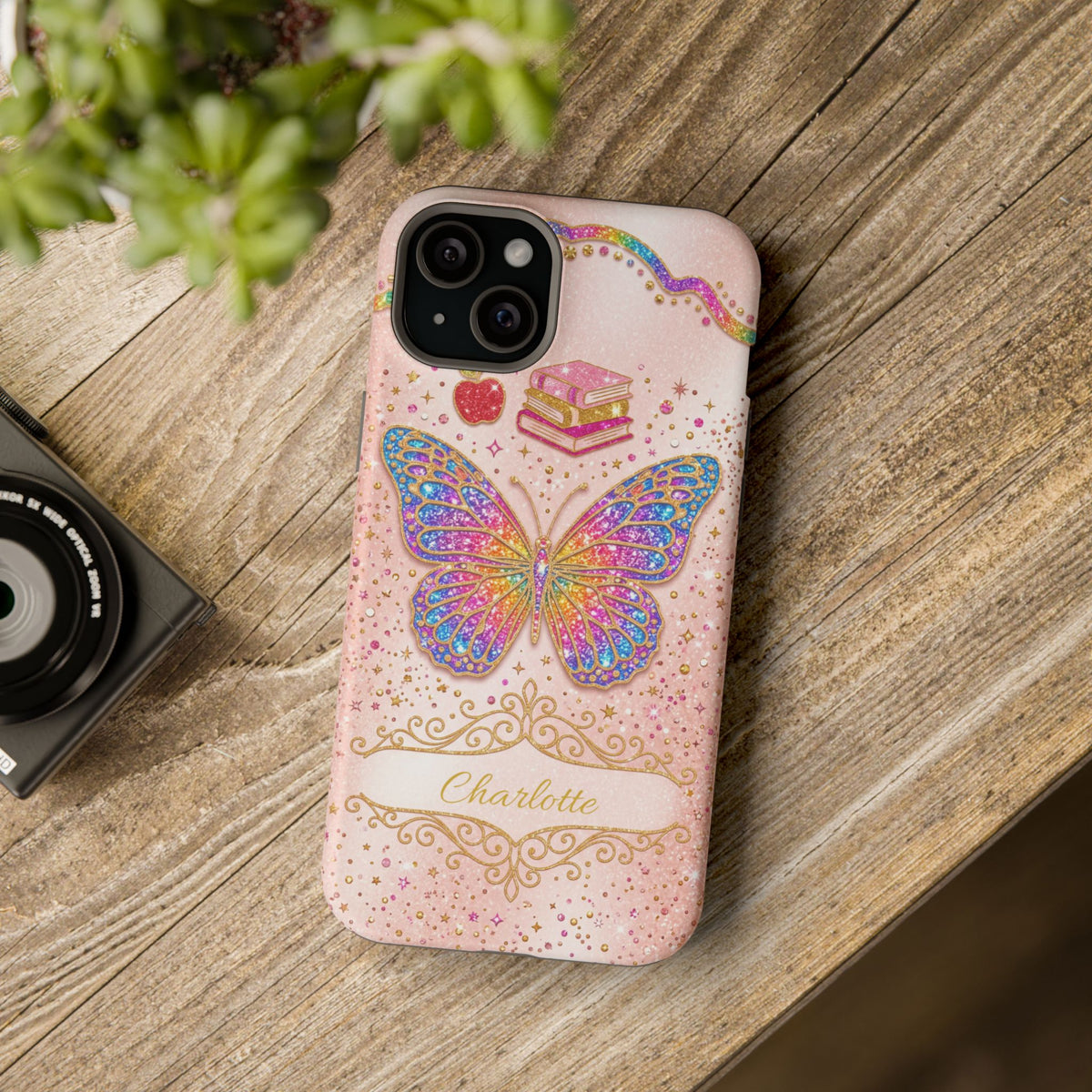 Blush Glitter Butterfly Personalized Teacher Phone Case — Wireless Charging Cover