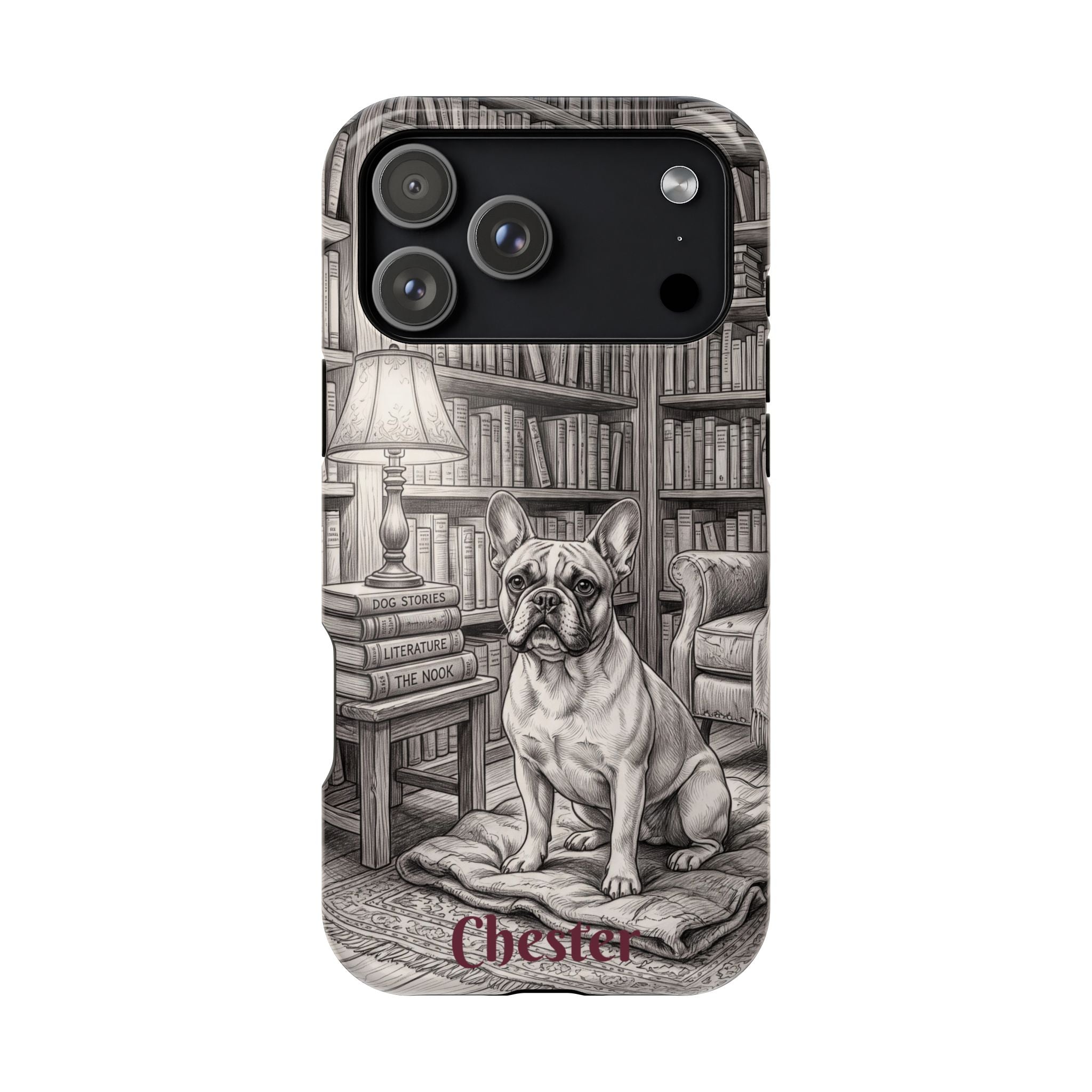 Personalized French Bulldog Library Study Phone Case — Wireless Charging Cover
