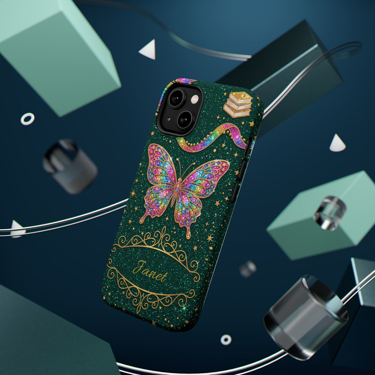 Rainbow Glitter Butterfly Personalized Teacher Phone Case — Wireless Charging Cover
