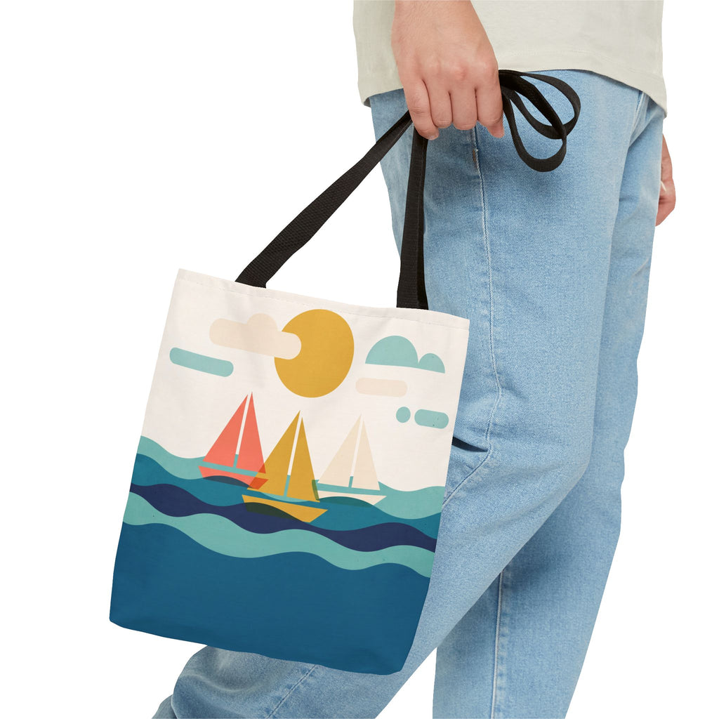 Minimalist Sailboat Tote Bag – Mid-Century Modern Ocean Waves Beach Bag