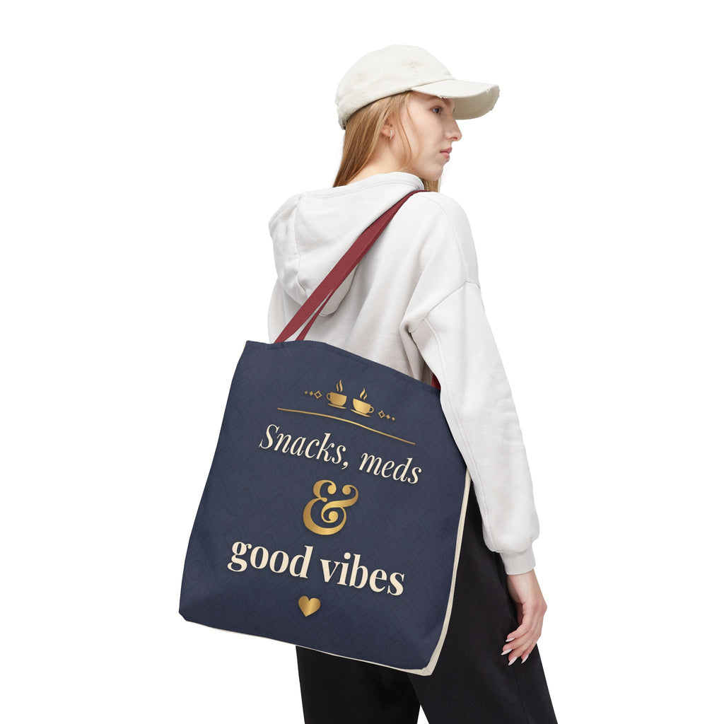 Snacks Meds & Good Vibes Tote | Funny Nurse Gift Tote Bag | Healthcare Worker Humour Gift | Premium Polyester Carry-All