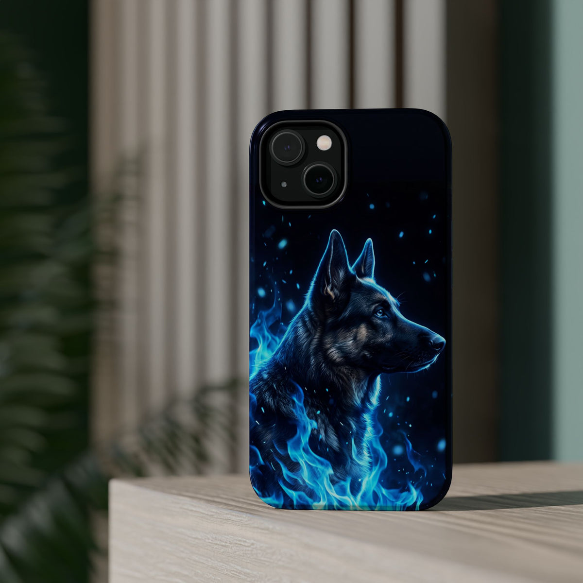 German Shepherd Phone Case | Blue Flame Art — Tough Magnetic Case with Wireless Charging