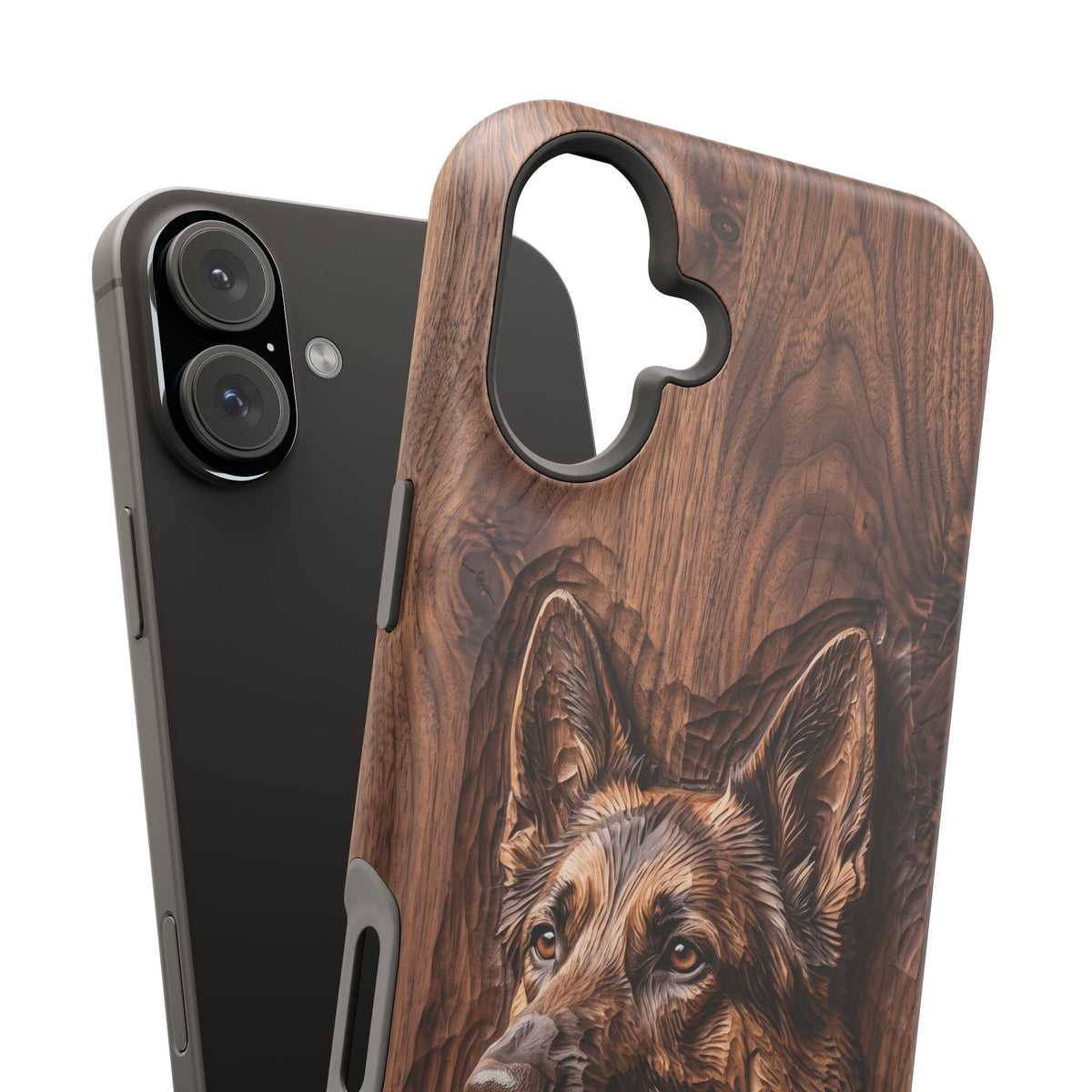 German Shepherd Phone Case | Carved Walnut Art — Tough Magnetic Case with Wireless Charging