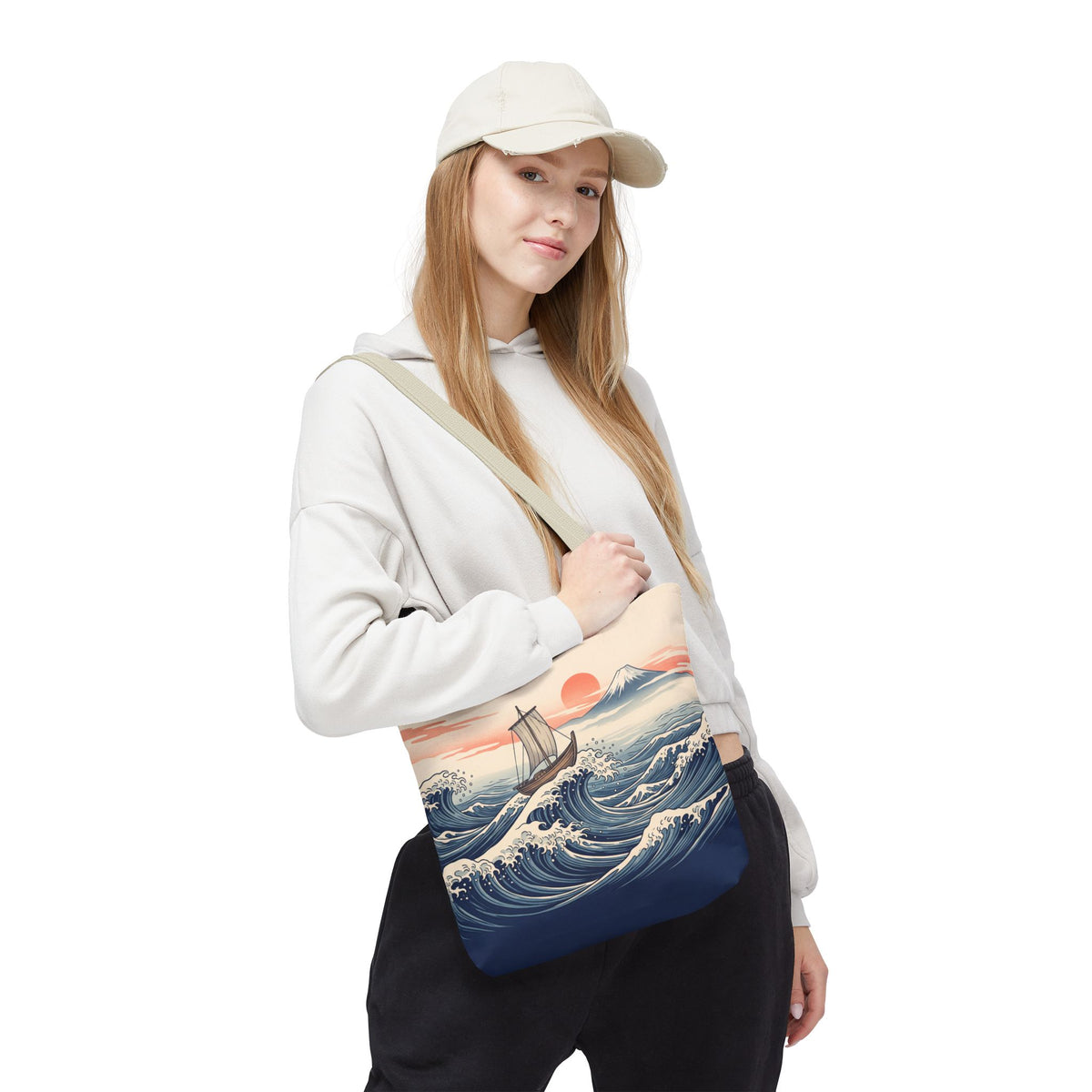 Japanese Wave Sailboat Tote Bag – Woodblock Style Ocean Beach Bag