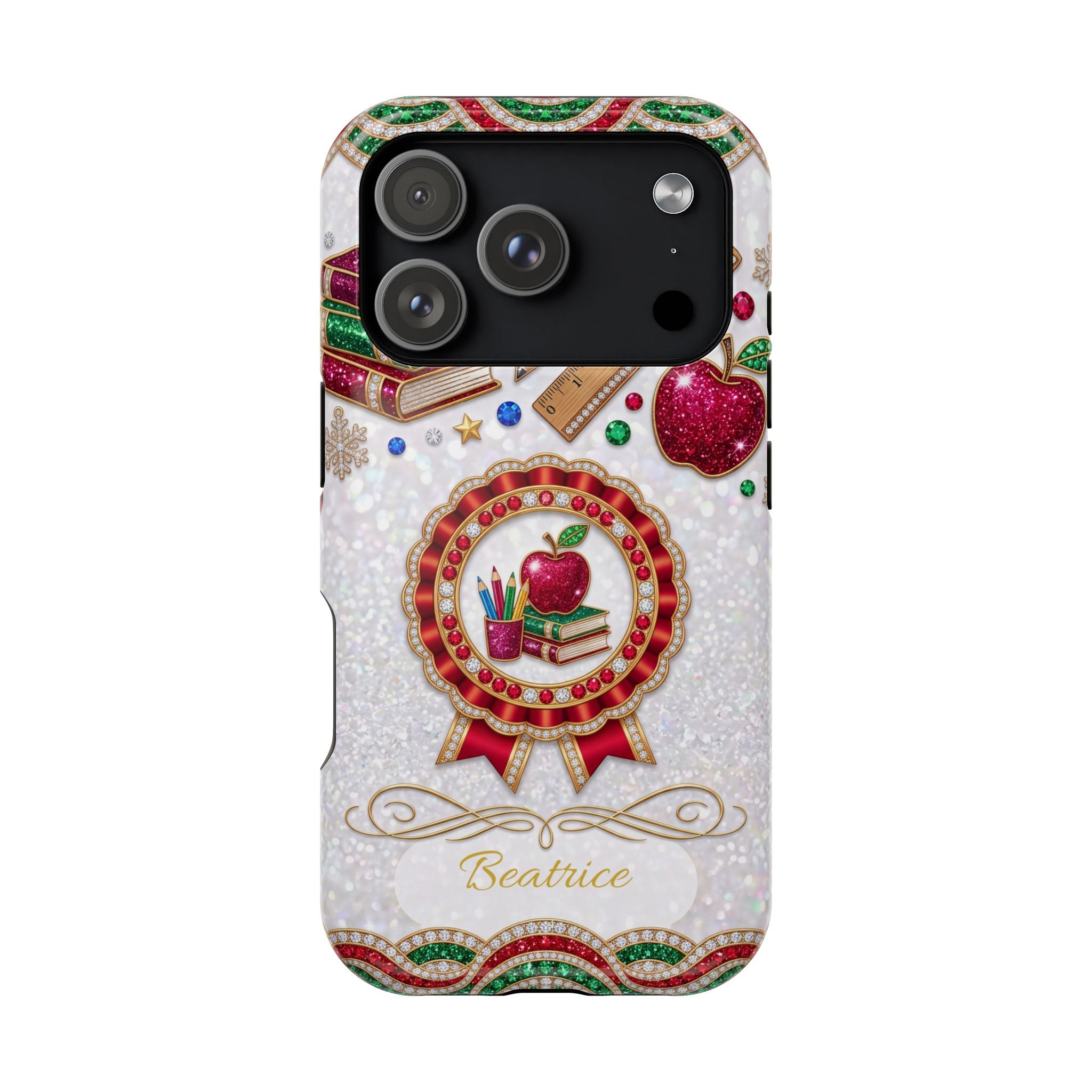 Jeweled Apple Medallion Personalized Teacher Phone Case — Wireless Charging Cover
