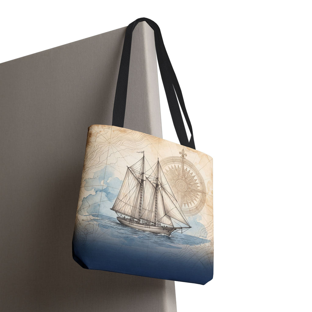 Vintage Schooner Tote Bag – Antique Nautical Map Compass Beach Bag