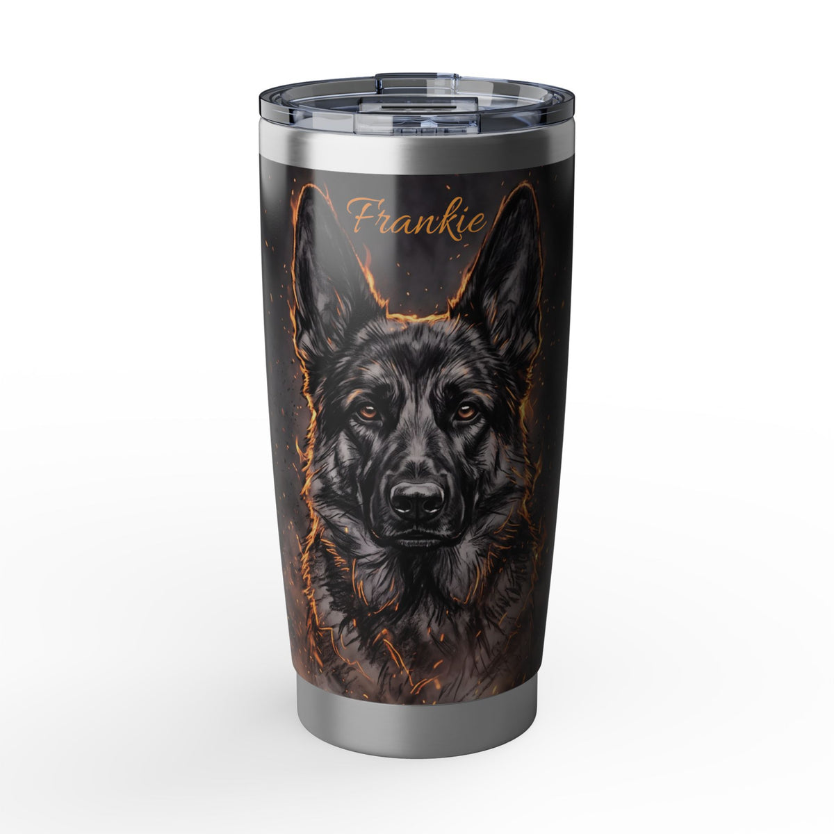 German Shepherd Personalized Tumbler | Charcoal Ember Art — 20 oz Stainless Travel Mug