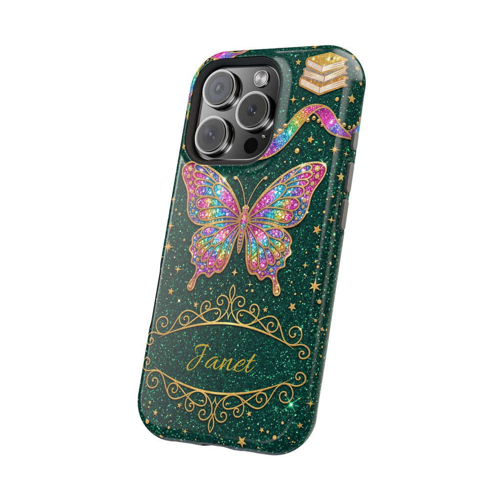 Rainbow Glitter Butterfly Personalized Teacher Phone Case — Wireless Charging Cover