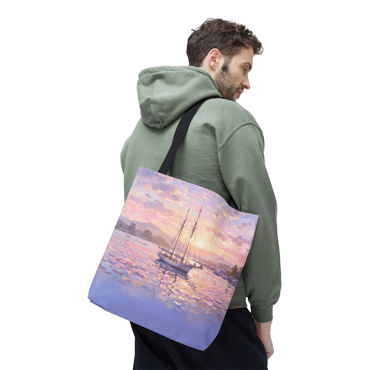 Pastel Sailboat Tote Bag – Impressionist Sunset Harbor Beach Bag