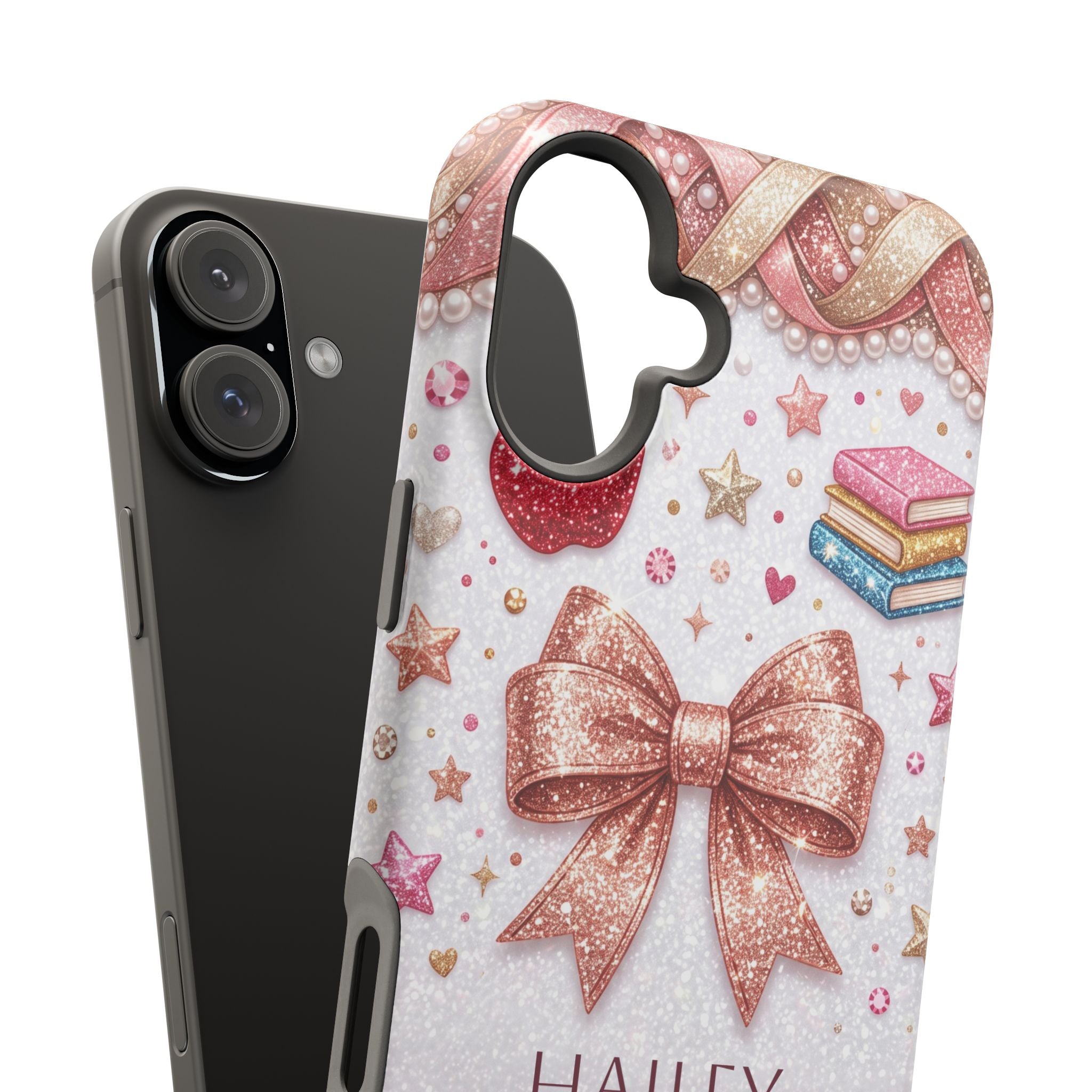 Rose Gold Glitter Bow Personalized Teacher Phone Case — Wireless Charging Cover