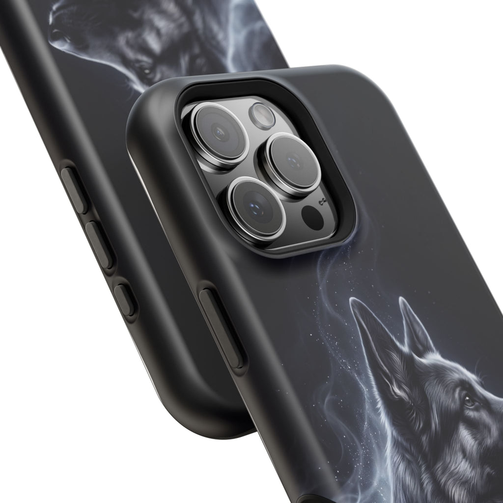 German Shepherd Phone Case | Silver Moonlight Mist Art — Tough Magnetic Case with Wireless Charging