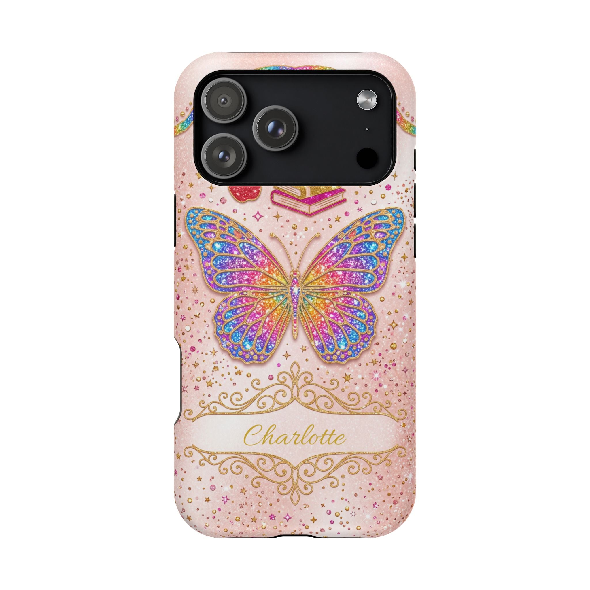 Blush Glitter Butterfly Personalized Teacher Phone Case — Wireless Charging Cover