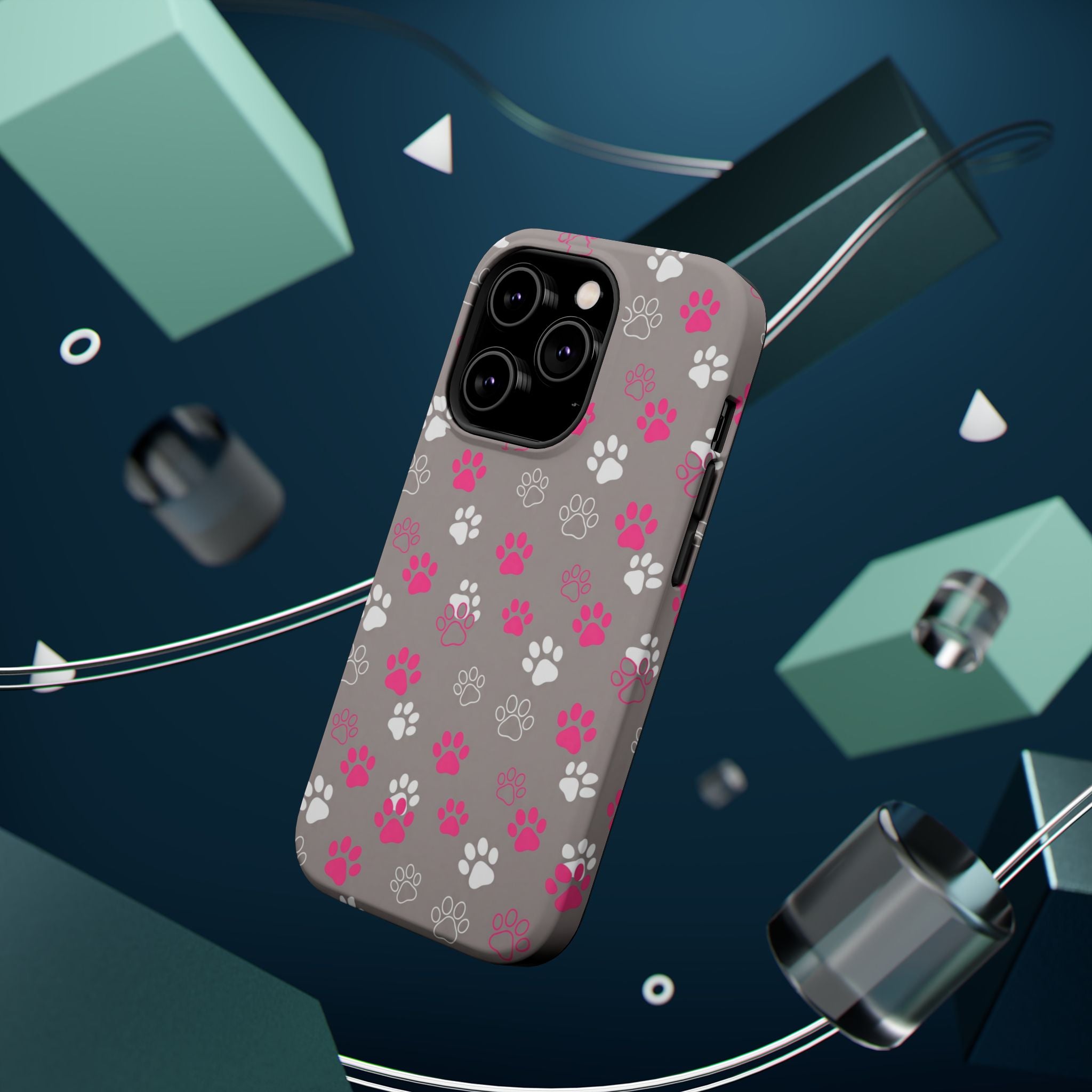 Pink & White Paw Print Phone Case — Impact-Resistant Wireless Charging Cover