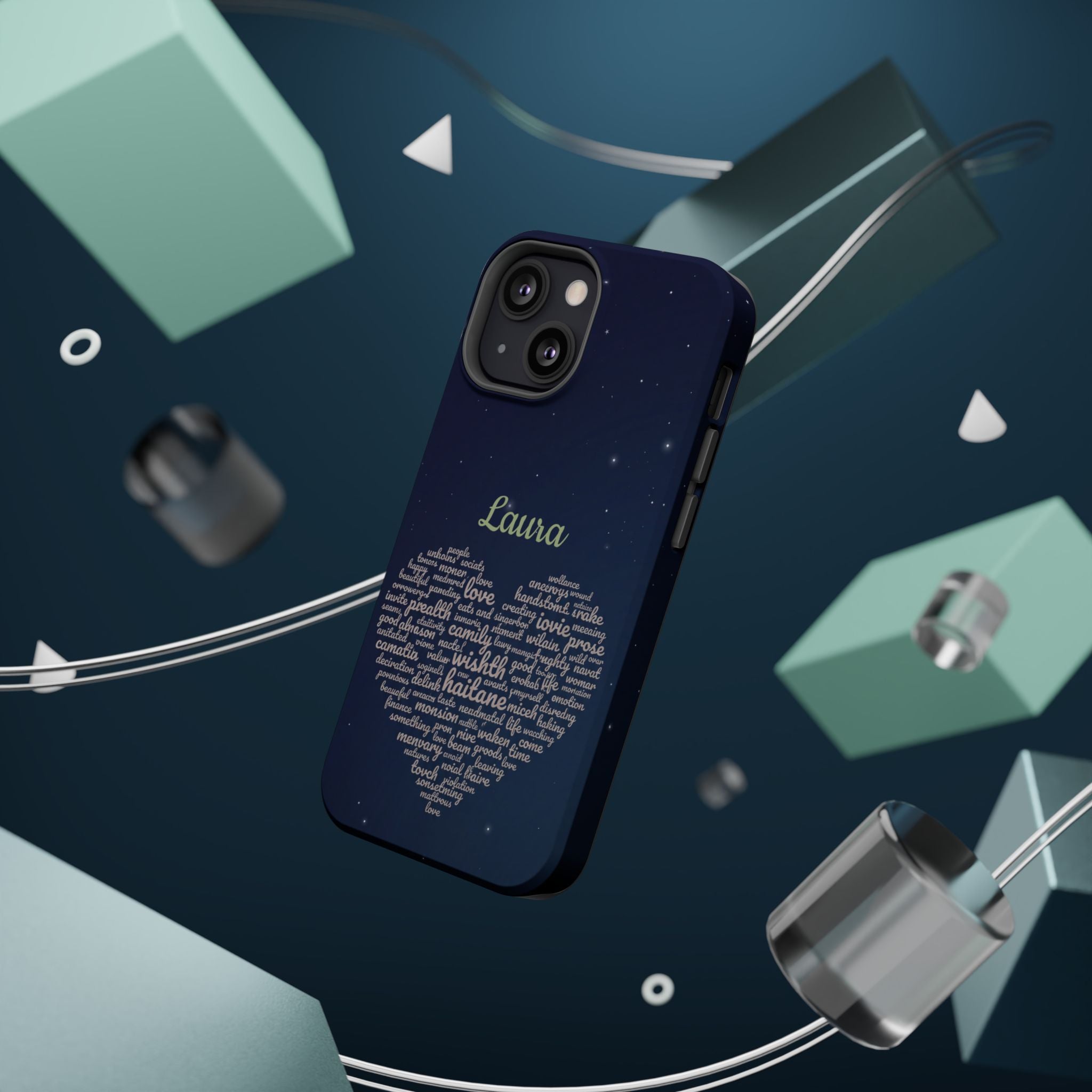 Personalized Teacher Heart Word Art Phone Case — Navy Wireless Charging Cover