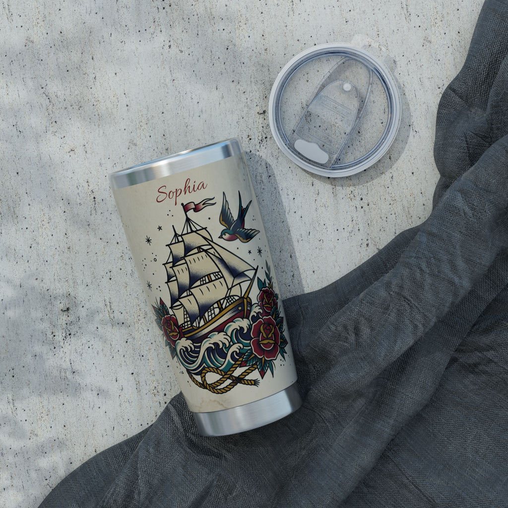 Sailing Personalized Tumbler | Tattoo Flash Art — 20 oz Stainless Travel Mug