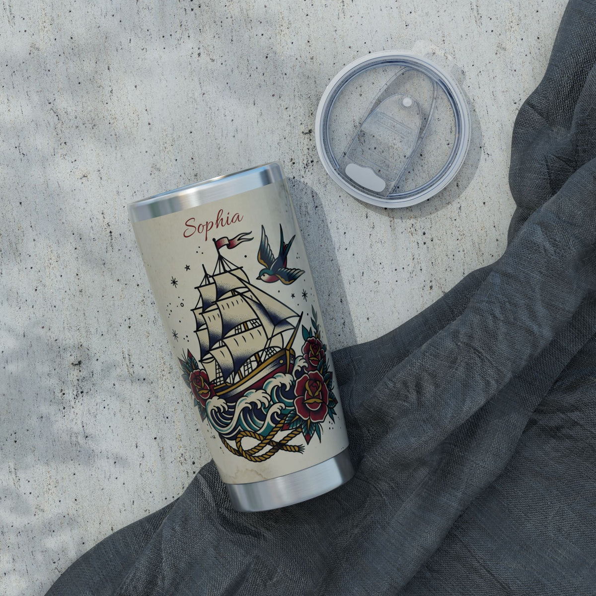 Sailing Personalized Tumbler | Tattoo Flash Art — 20 oz Stainless Travel Mug