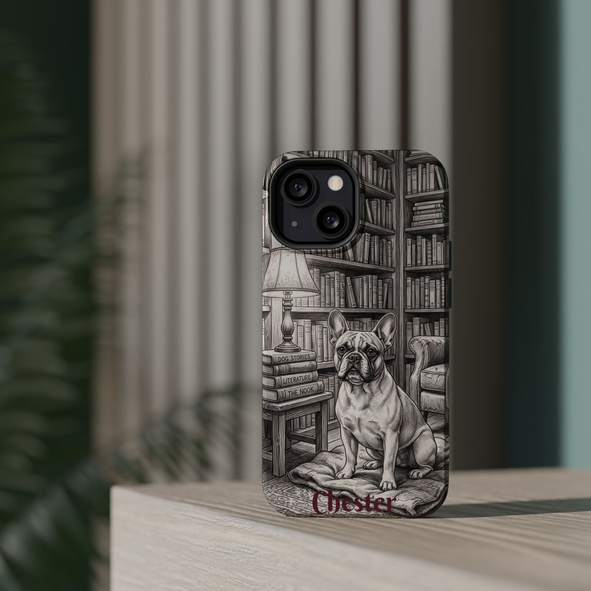 Personalized French Bulldog Library Study Phone Case — Wireless Charging Cover