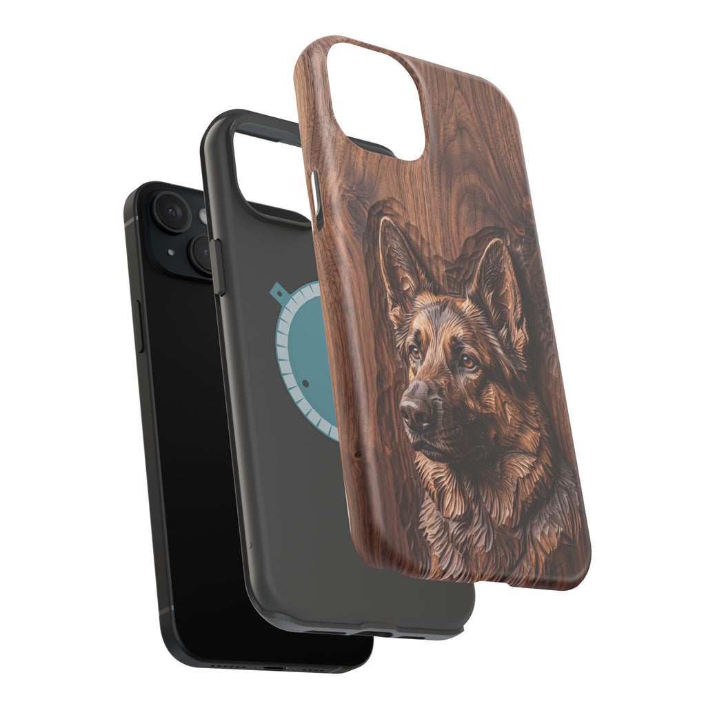 German Shepherd Phone Case | Carved Walnut Art — Tough Magnetic Case with Wireless Charging