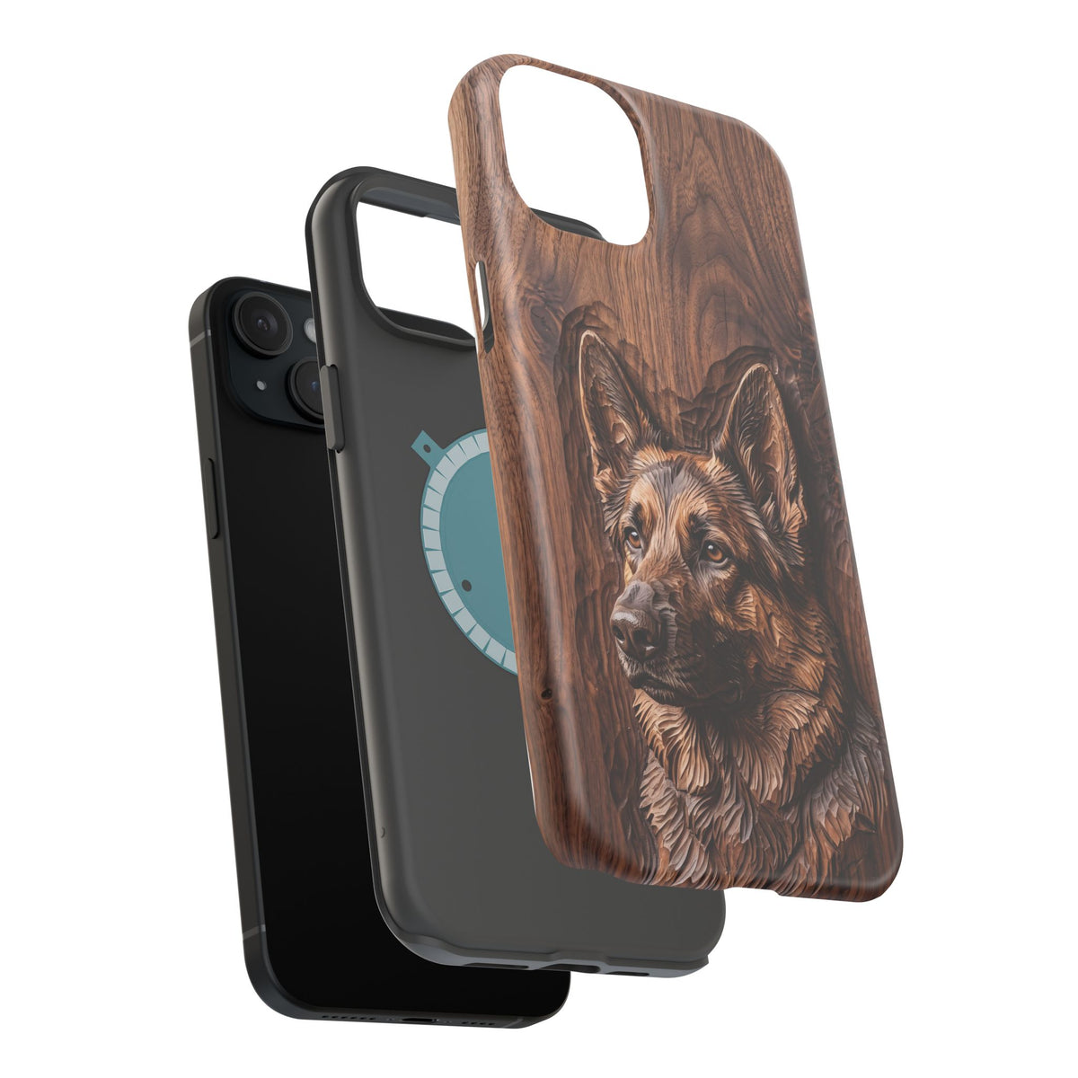 German Shepherd Phone Case | Carved Walnut Art — Tough Magnetic Case with Wireless Charging