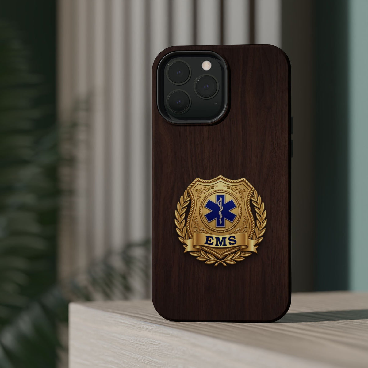 Gold EMS Laurel Badge Wood Phone Case — Magnetic Wireless Charging Cover