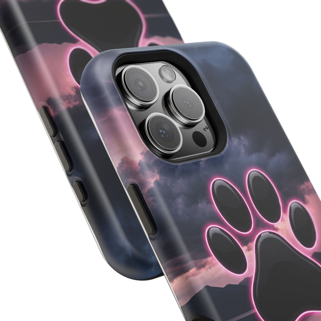 Neon Paw Print Phone Case — Impact-Resistant Wireless Charging Cover