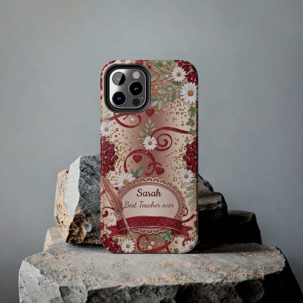 Personalized Teacher Phone Case — Custom Name and Message - Floral Jeweled Design