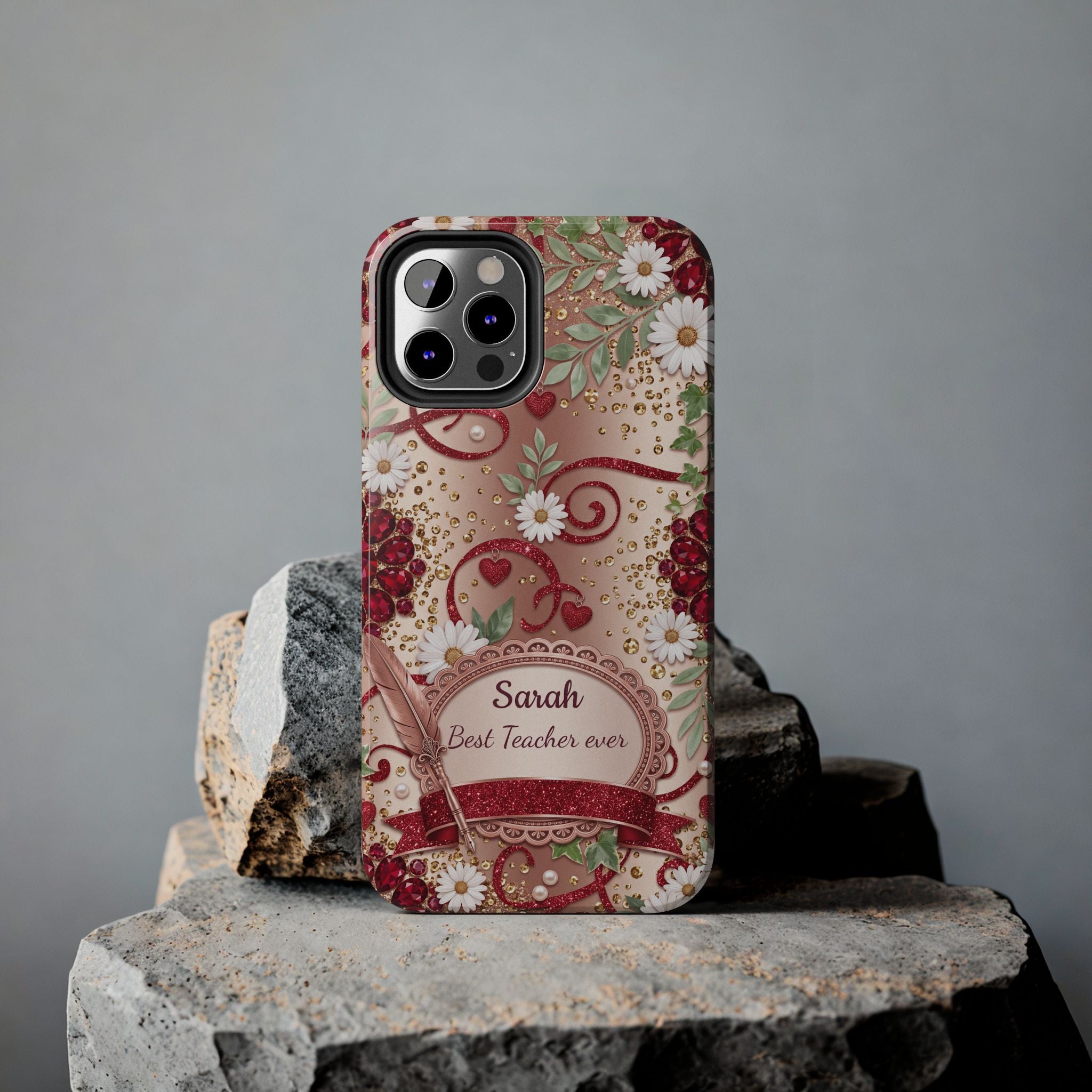 Personalized Teacher Phone Case — Custom Name and Message - Floral Jeweled Design