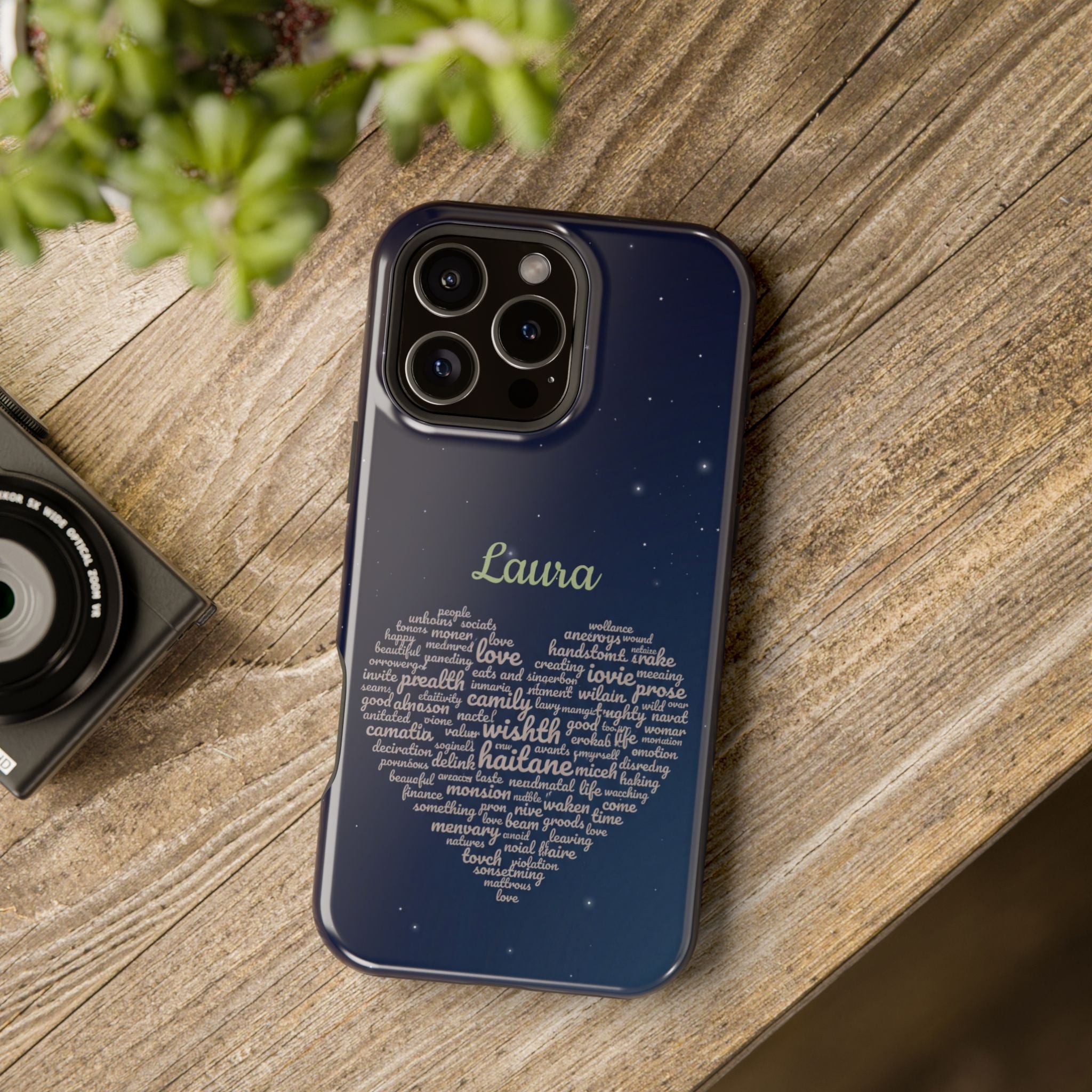 Personalized Teacher Heart Word Art Phone Case — Navy Wireless Charging Cover