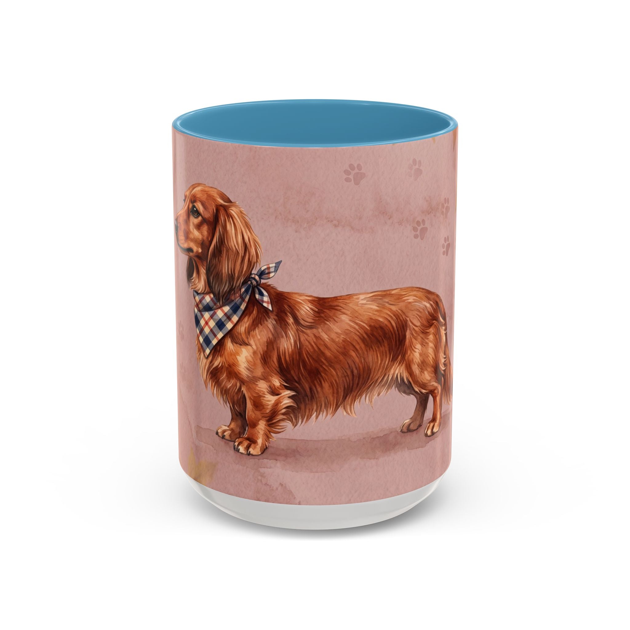 Dachshund Lover Mug | Long-Haired Wiener Dog with Plaid Bandana, Dusty Rose Watercolor Dog Gift