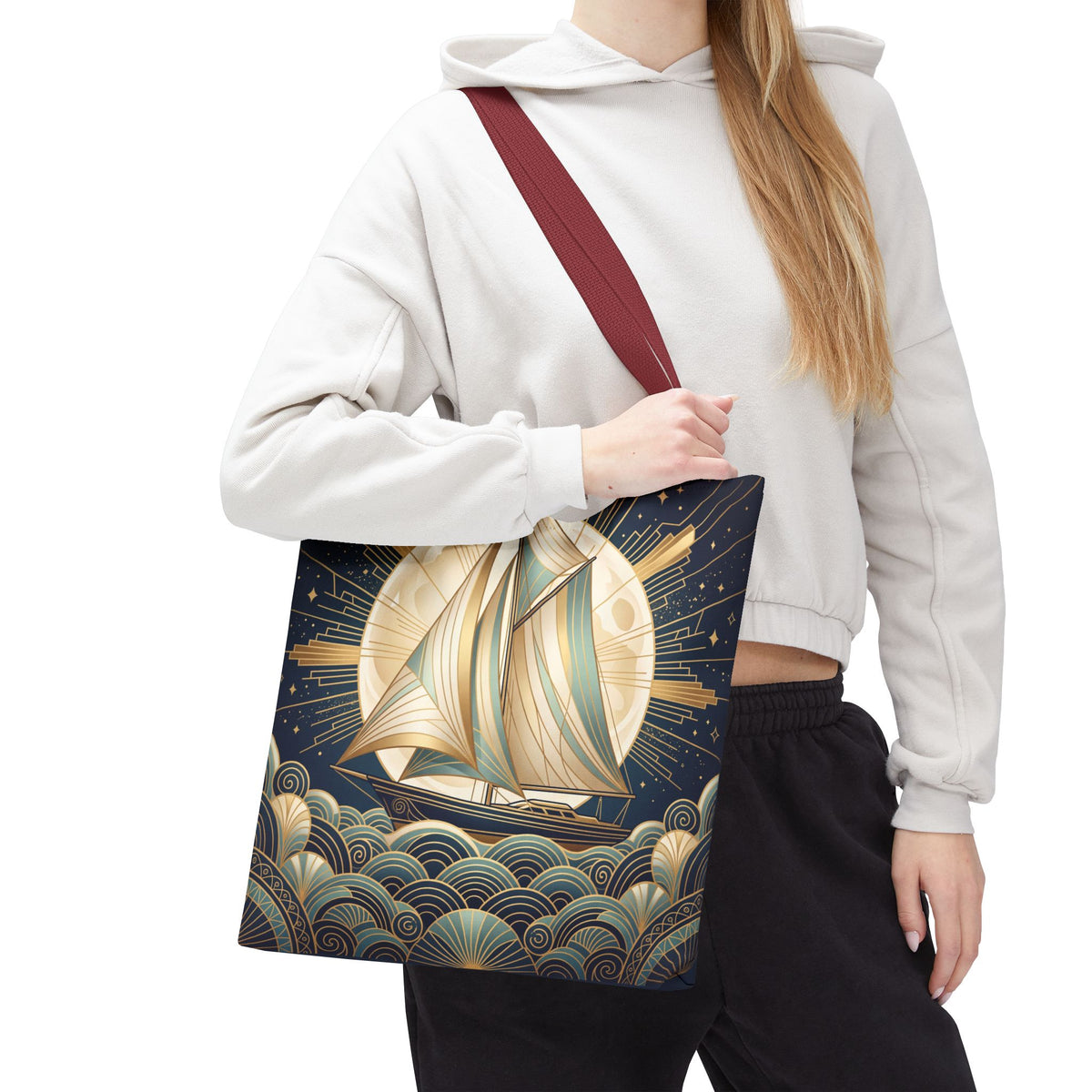 Art Deco Moonlit Sailboat Tote Bag – Starry Night Nautical Beach Bag