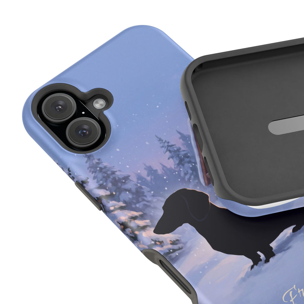 Personalized Dachshund Winter Cabin Phone Case — Wireless Charging Cover
