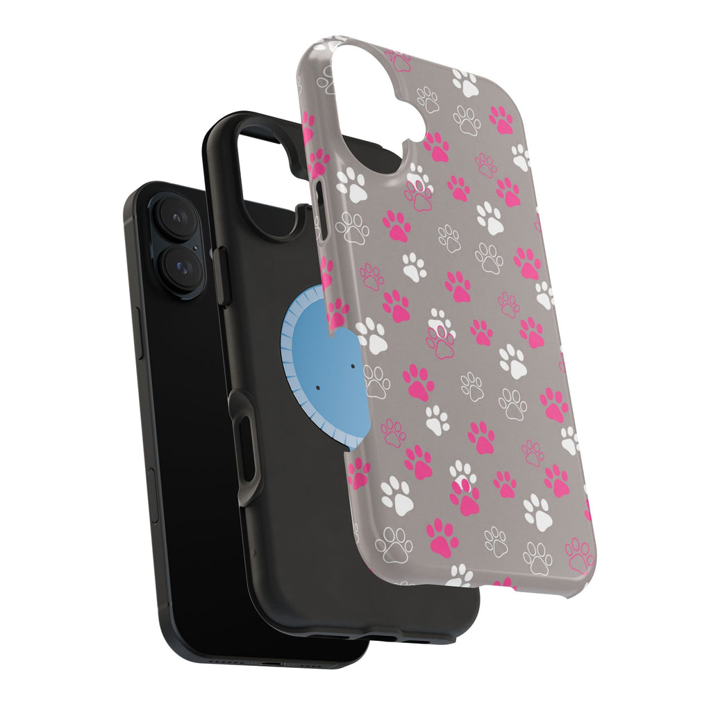 Pink & White Paw Print Phone Case — Impact-Resistant Wireless Charging Cover