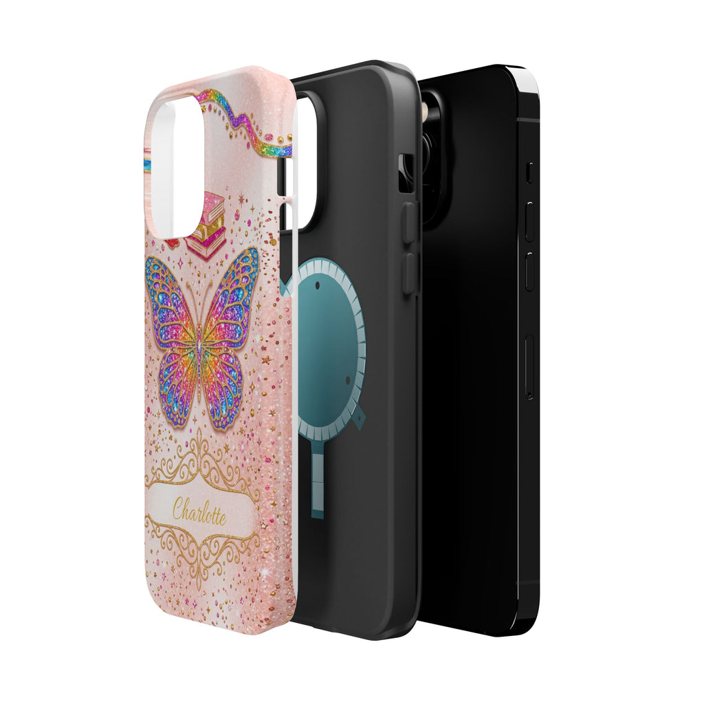 Blush Glitter Butterfly Personalized Teacher Phone Case — Wireless Charging Cover
