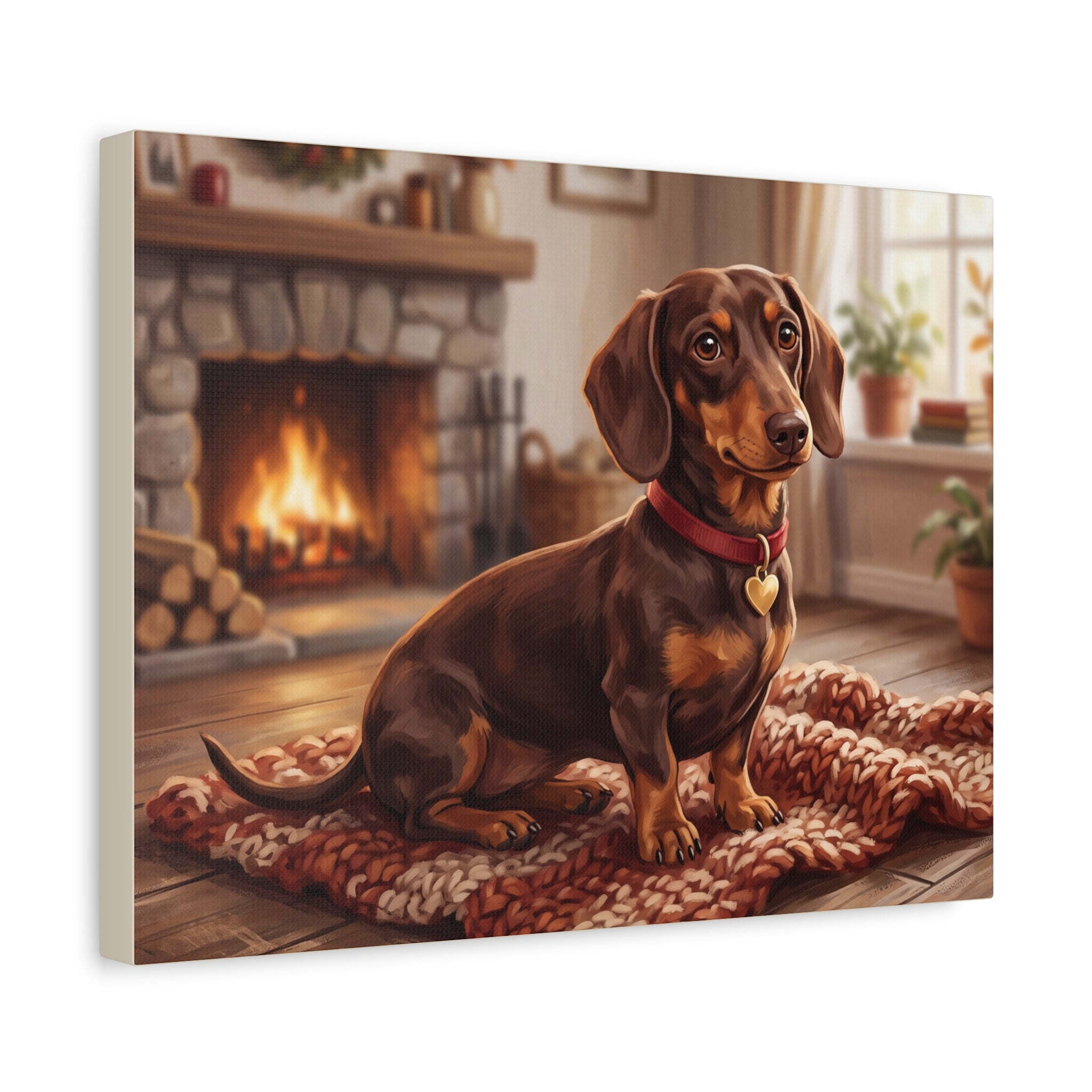 Dachshund Canvas Print | Cozy Fireside Dachshund Wall Art | Dog Lover Home Decor