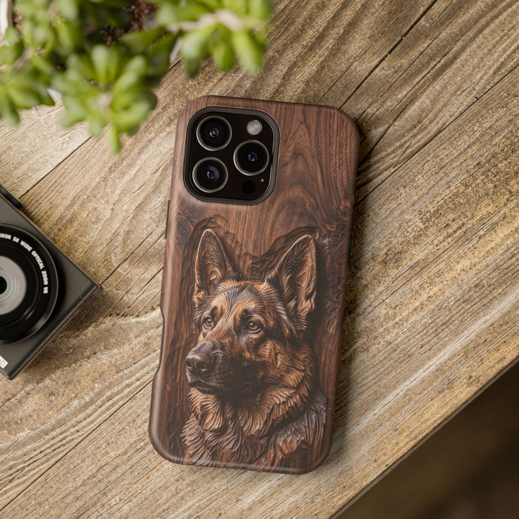 German Shepherd Phone Case | Carved Walnut Art — Tough Magnetic Case with Wireless Charging