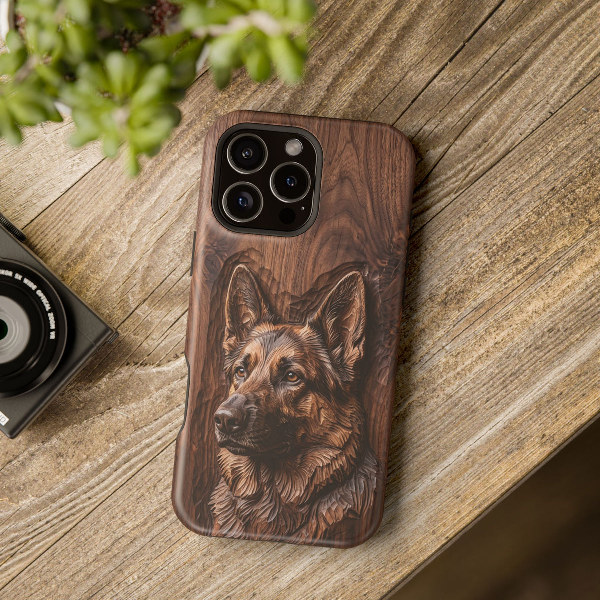 German Shepherd Phone Case | Carved Walnut Art — Tough Magnetic Case with Wireless Charging