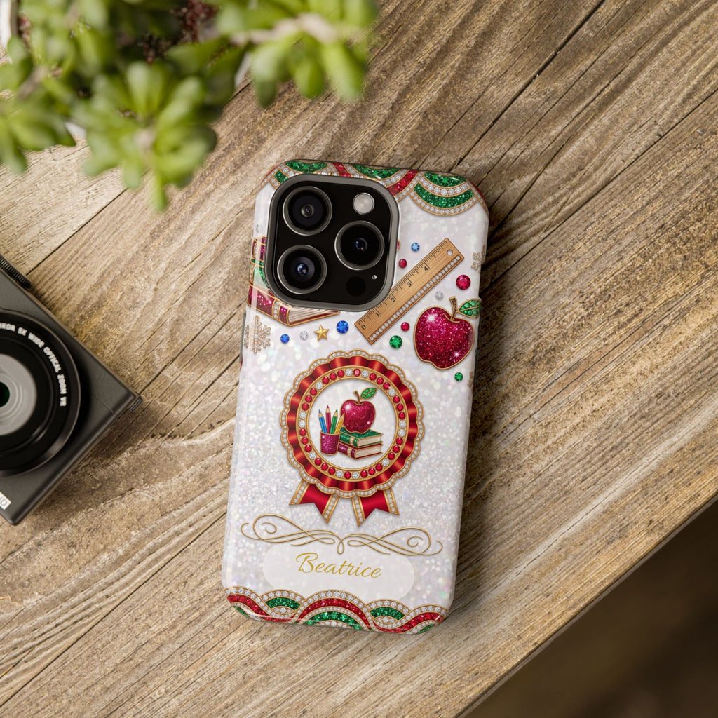 Jeweled Apple Medallion Personalized Teacher Phone Case — Wireless Charging Cover