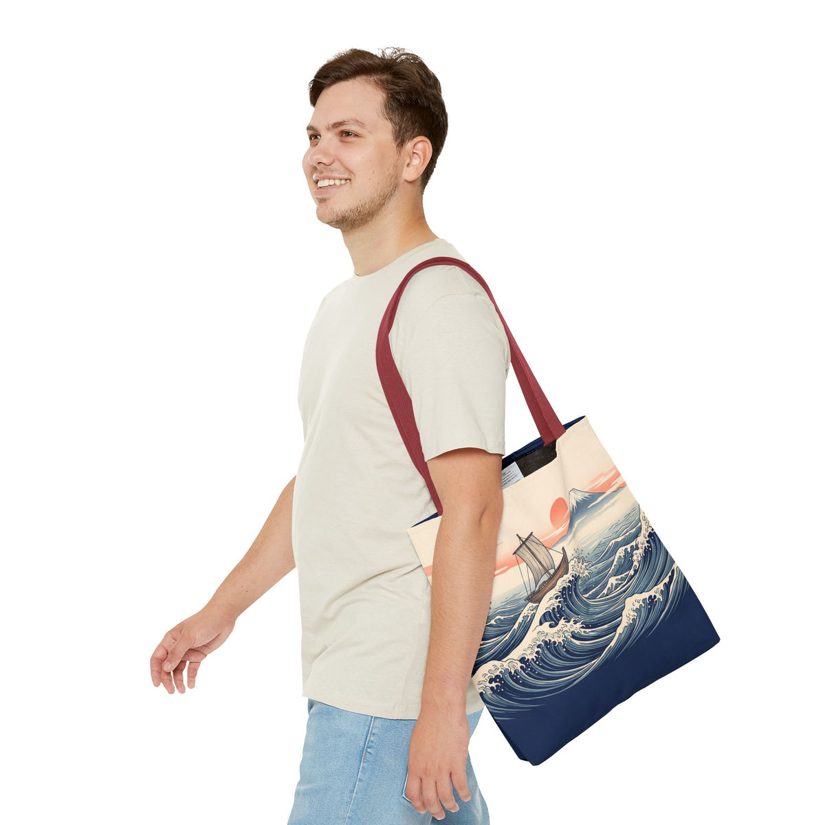 Japanese Wave Sailboat Tote Bag – Woodblock Style Ocean Beach Bag