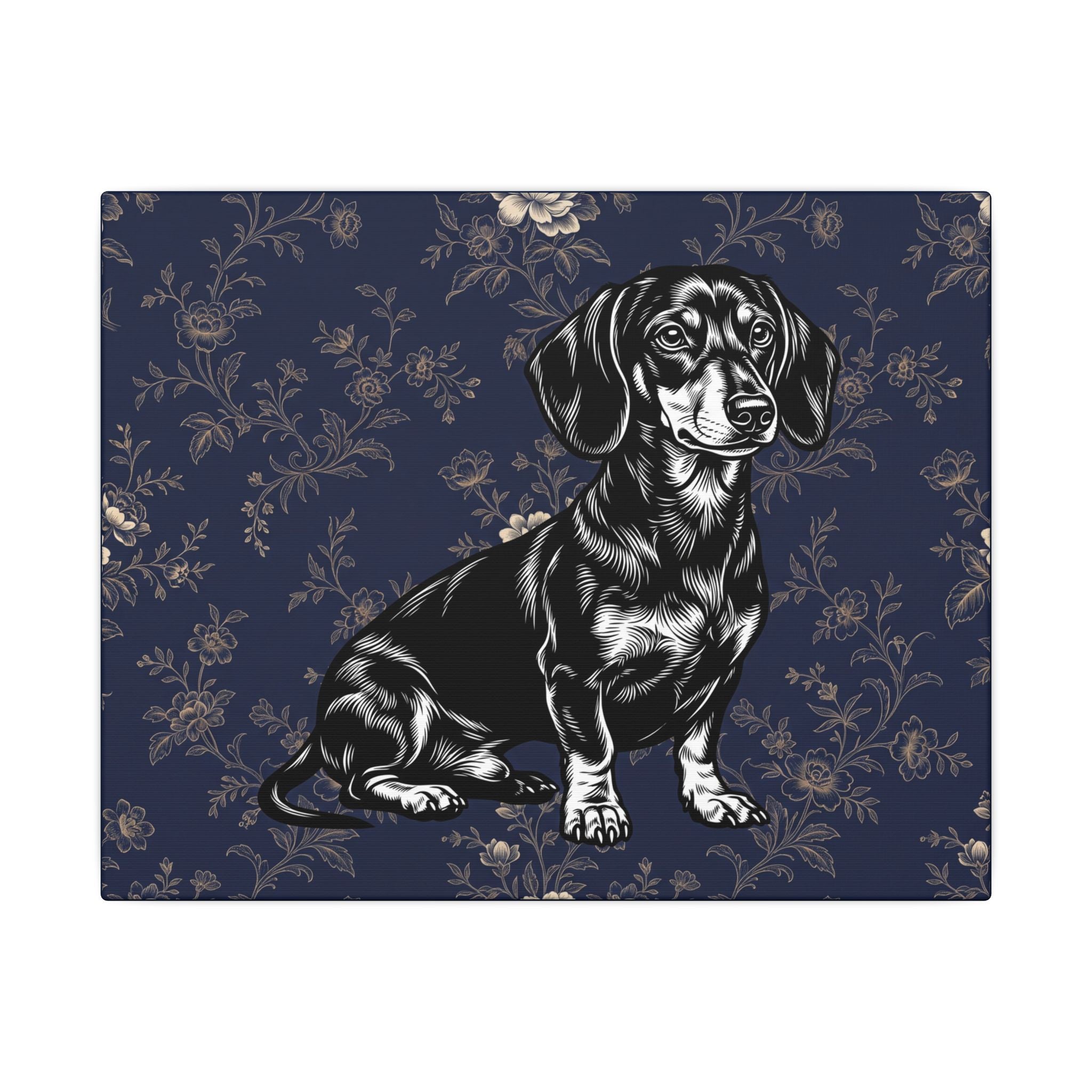 Dachshund Art Canvas – Vintage Floral Navy Matte Stretched Wall Decor