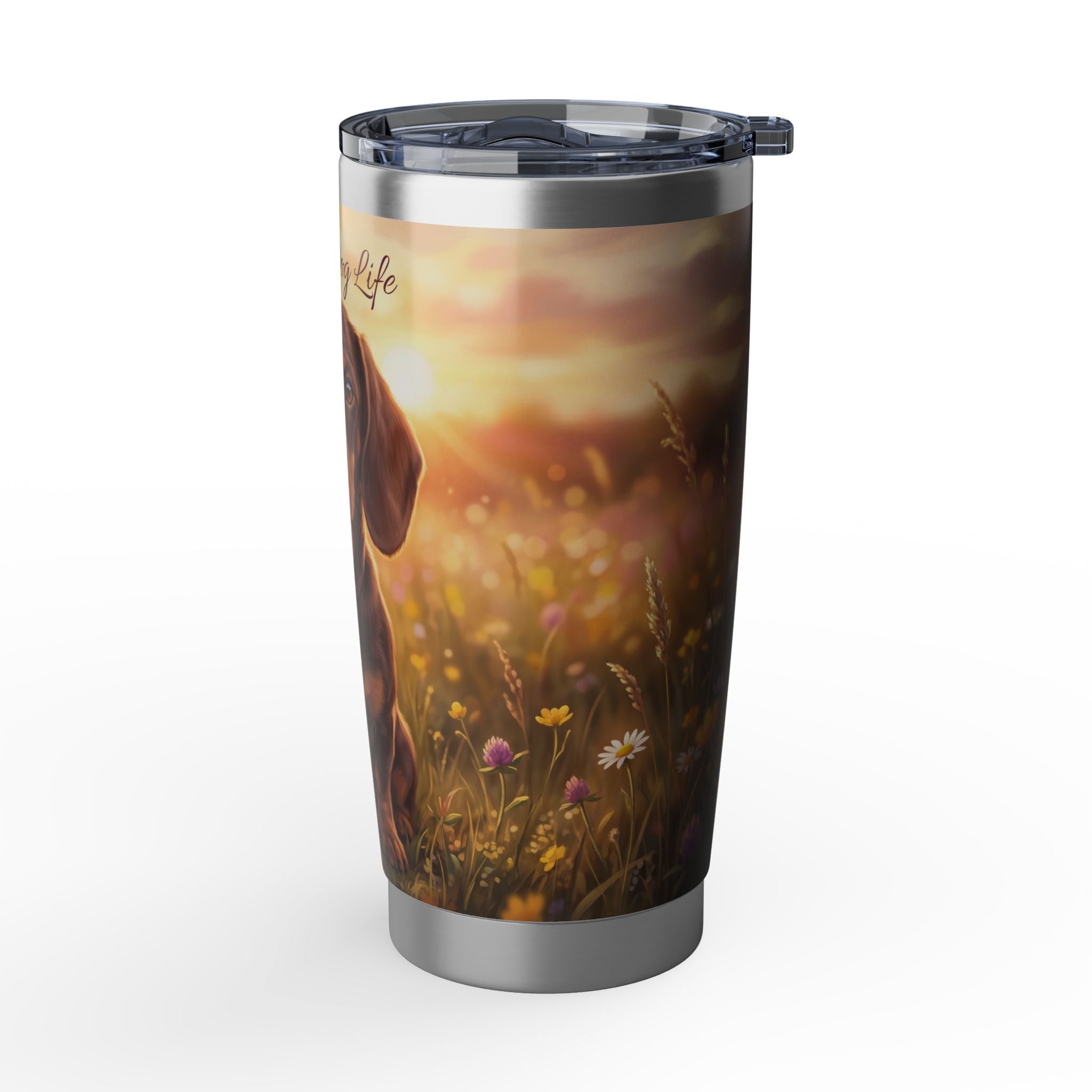 Dachshund Tumbler Personalized – 20 oz Stainless Steel Travel Mug with Custom Name, Chocolate & Tan Meadow Design