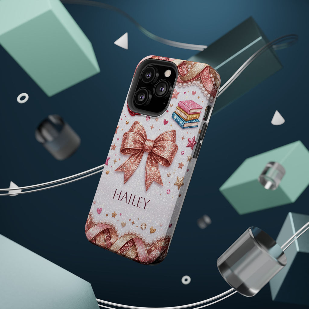 Rose Gold Glitter Bow Personalized Teacher Phone Case — Wireless Charging Cover