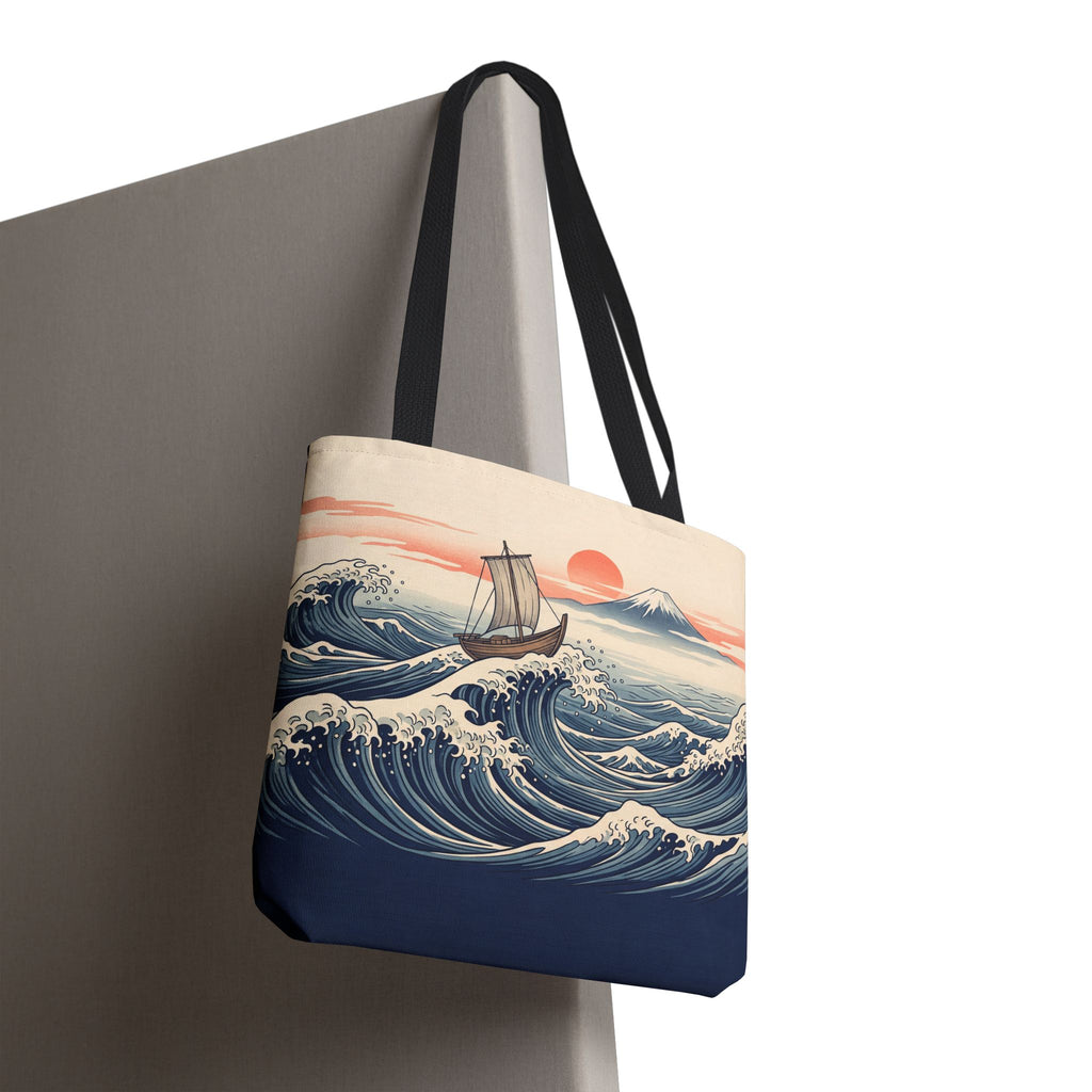 Japanese Wave Sailboat Tote Bag – Woodblock Style Ocean Beach Bag